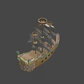 Wooden Pirate Ship Model with White Sails Skull Emblem and Decorative Teeth on Bow