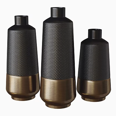 Three Textured Black and Gold Metal Vase Ornaments Decorative Set for Home Decor 3d model