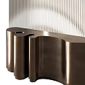 Modern Reception Desk Design With Curved Brushed Metal Surface And Vertical Striped Backdrop