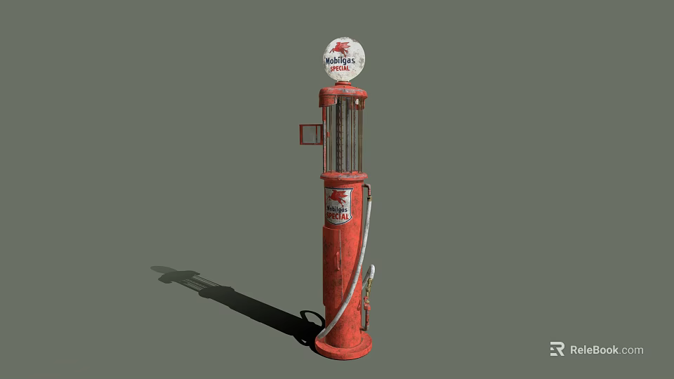 Red Vintage Industrial Fuel Pump with Glass Cylinder Mobilgas Logo and Hose 3d model 