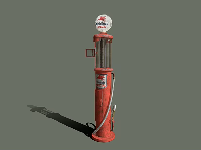 Red Vintage Industrial Fuel Pump with Glass Cylinder Mobilgas Logo and Hose 3d model