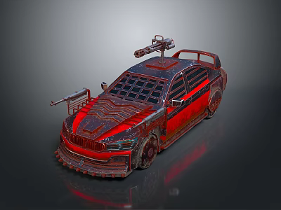 Red And Black Custom Modified Car With Roof Mounted Weapons And Armored Exterior 3d model
