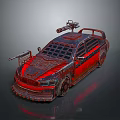 Red And Black Custom Modified Car With Roof Mounted Weapons And Armored Exterior