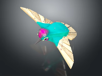 Vibrant Turquoise Hummingbird With Pink Head And Golden Wings In Flight 3d model