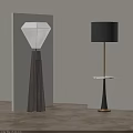 Modern Floor Lamps With Geometric Base White Shade Black Fabric Tray Table And Gold Accents