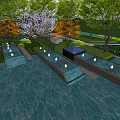 Scenic Park Landscape With Lush Colorful Trees Reflective Water Pond Wooden Walkway And Relaxing Seating