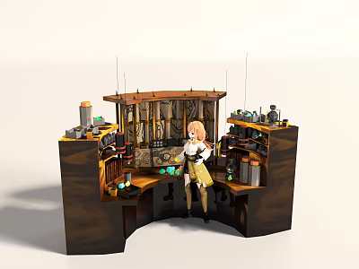 Cartoon Scene Featuring Girl Character in Workshop with Shelves Bottles and Instruments 3d model