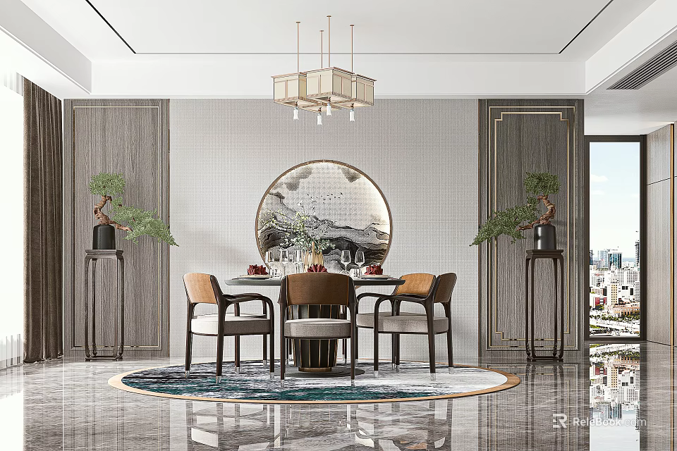 Elegant Restaurant Interior With Circular Decorative Painting Chandelier Green Plants And Marble Floor 3d model 