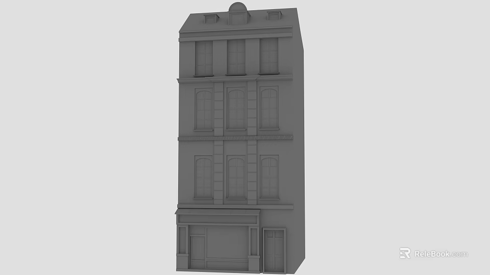 Gray Multi Story Building Model Featuring Four Floors Windows Ground Floor Facade And Top Dome 3d model 