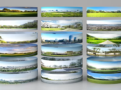 Picturesque Park Landscape With Green Lawns Trees Walking Paths And City View 3d model