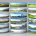 Picturesque Park Landscape With Green Lawns Trees Walking Paths And City View