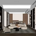Modern Bedroom Interior With Upholstered Headboard Rounded Sofa Chairs Area Rug And Built in Bookshelves