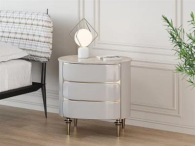 Modern White Nightstand With Three Drawers Gold Legs And Geometric Lamp In Bedroom 3d model