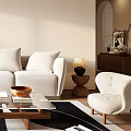 Spacious Beige Sectional Sofa With White Pillows Coffee Table Floor Lamp And Green Plant
