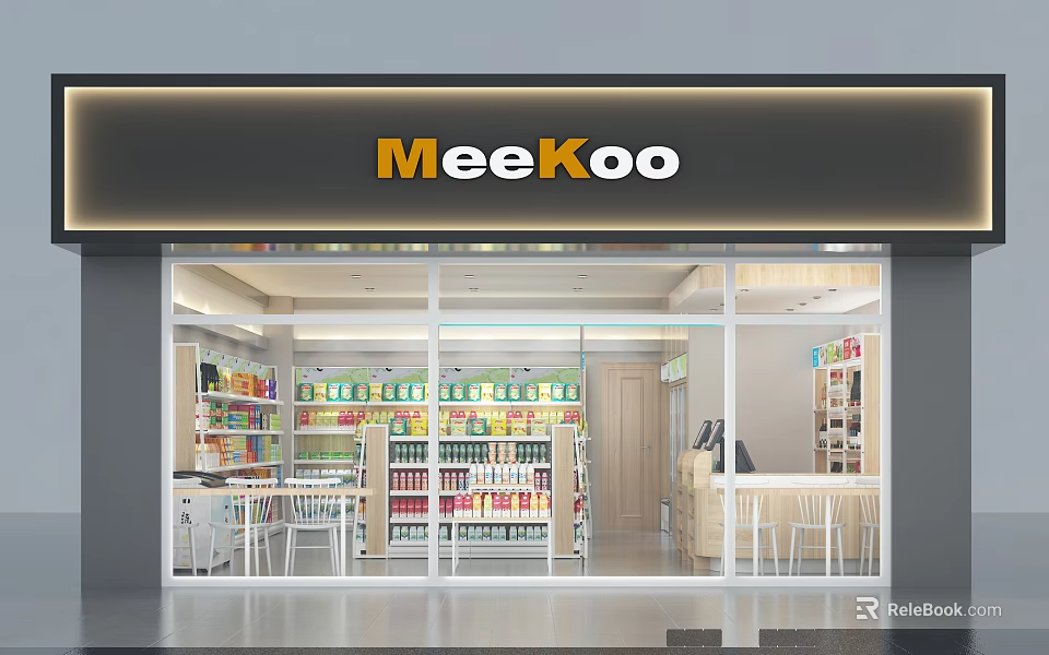 MeeKoo Supermarket Store Front With Shelves Full Of Drinks Snacks Checkout Counter And Seating Area 3d model 
