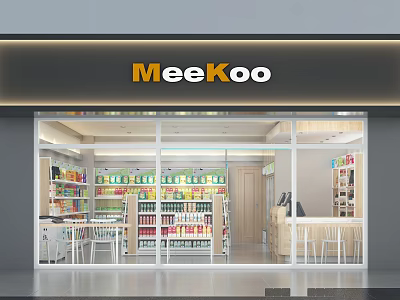 MeeKoo Supermarket Store Front With Shelves Full Of Drinks Snacks Checkout Counter And Seating Area 3d model