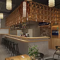 Modern Restaurant Interior With Brick Walls Pendant Lights And Wooden Dining Tables