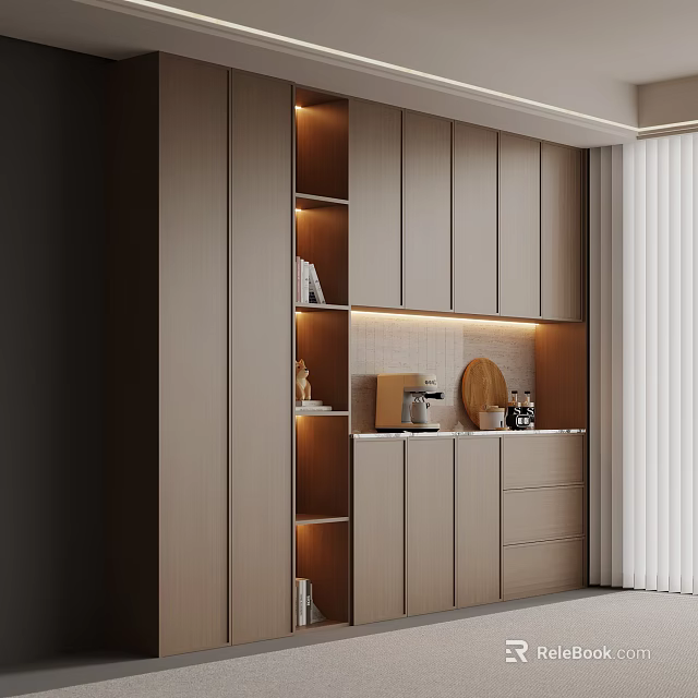 Modern Stylish Sideboard With Built in Lighting Storage Cabinets And Coffee Machine 3d model 
