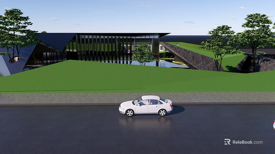 Modern Garden Landscape Design With Green Lawn Water Feature Trees and Sloped Roof Building 3d model 