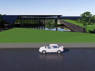 Modern Garden Landscape Design With Green Lawn Water Feature Trees and Sloped Roof Building 3d model
