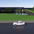 Modern Garden Landscape Design With Green Lawn Water Feature Trees and Sloped Roof Building