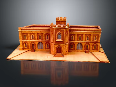 Cartoon Castle Model Featuring Brown Exterior Central Tower Arched Windows And Symmetrical Structure 3d model