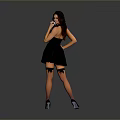 Woman in Black Dress with Black Stockings and High Heels Posing Against Gray Background