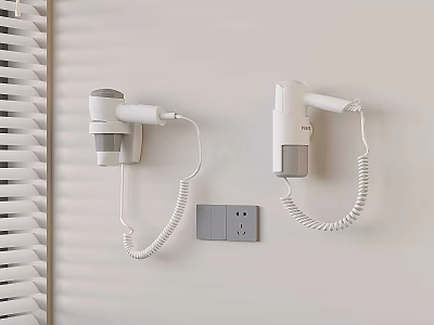 White Wall Mounted Gray And White Hair Dryers With Coiled Cords Near Socket And Blinds 3d model