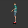 A Man Standing On Skateboard Wearing Green Floral Shirt And Denim Shorts