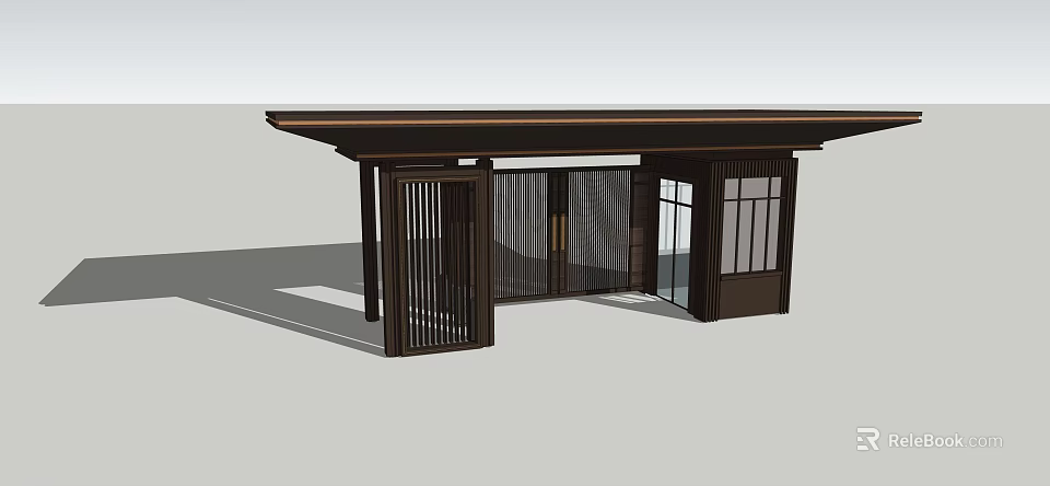 Modern Chinese Entrance Gate Design With Wooden Roof Grilles And Glass Doors 3d model 