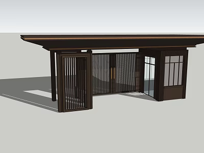 Modern Chinese Entrance Gate Design With Wooden Roof Grilles And Glass Doors 3d model