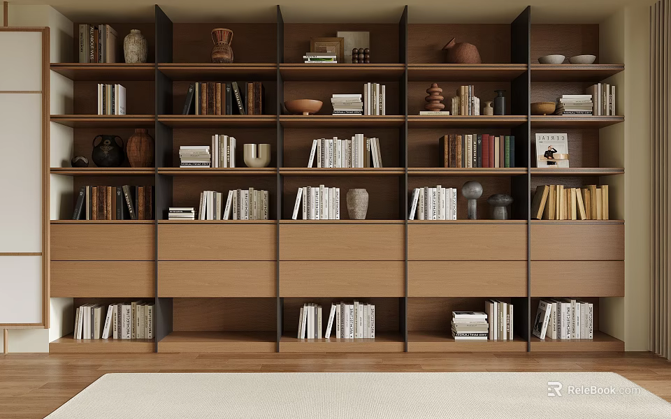 Modern Bookcase Design With Layered Shelves Books Storage Drawers And Decorative Items 3d model 