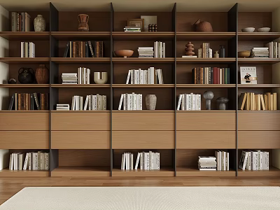 Modern Bookcase Design With Layered Shelves Books Storage Drawers And Decorative Items 3d model