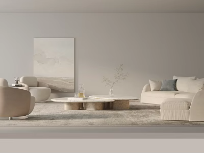 Modern Beige Sofa And Coffee Table Set With Pillows Decorative Painting And Area Rug 3d model