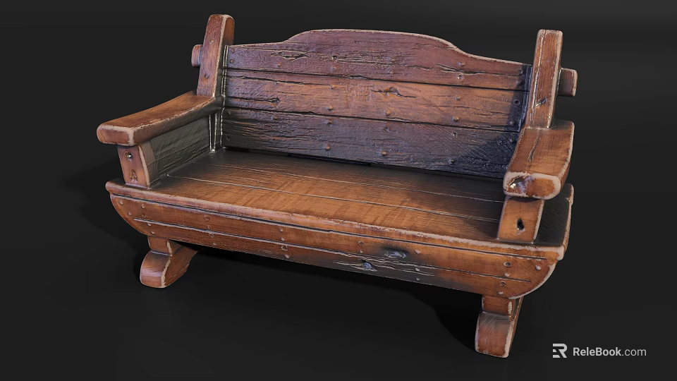 Rustic Wooden Outdoor Bench With Armrests Natural Wood Grain And Distressed Finish 3d model 