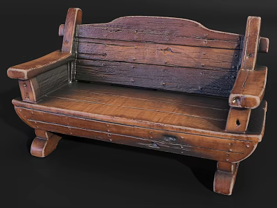 Rustic Wooden Outdoor Bench With Armrests Natural Wood Grain And Distressed Finish 3d model
