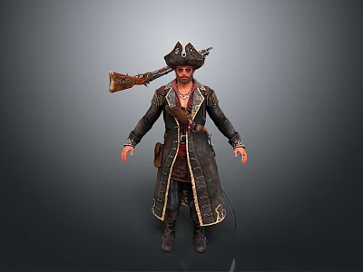 Pirate Character Wearing Tricorn Hat Carrying Musket And Long Coat 3d model