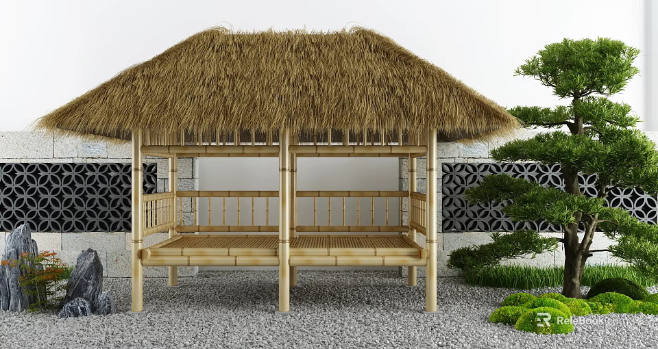 Traditional Garden Pavilion With Thatched Roof Bamboo Frame And Gravel Ground Near Green Plants 3d model 