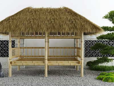 Traditional Garden Pavilion With Thatched Roof Bamboo Frame And Gravel Ground Near Green Plants 3d model