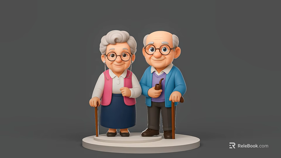 Elderly Couple With Walking Canes Wearing Glasses Pink Vest Blue Coat Standing On White Base 3d model 