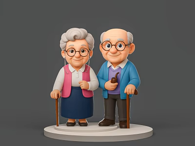 Elderly Couple With Walking Canes Wearing Glasses Pink Vest Blue Coat Standing On White Base 3d model