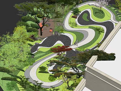Lush Garden Landscape Design With Winding Paths Green Lawns And Diverse Trees 3d model