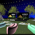 Garden Landscape Design With Camping Tents Large Screens String Lights And Seating Areas
