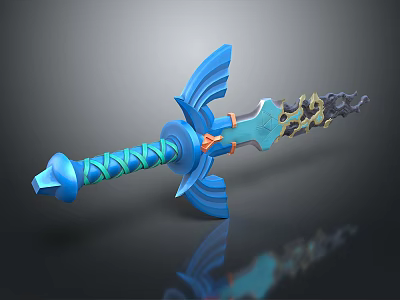 Blue Fantasy Sword With Green Wrapped Hilt And Ornate Flame Patterns 3d model