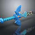 Blue Fantasy Sword With Green Wrapped Hilt And Ornate Flame Patterns