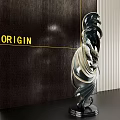 Sleek Metallic Abstract Sculpture With Curved Design And Dark Wooden Backdrop