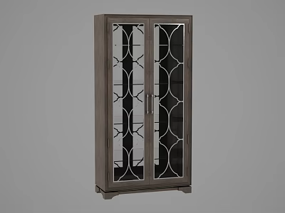 Modern Dark Wood Wine Cabinet With Double Glass Doors And Geometric Pattern Design 3d model