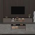 Modern TV Stand with Mounted TV on Wooden Wall Storage Decor Small Plant and Floor Lamp