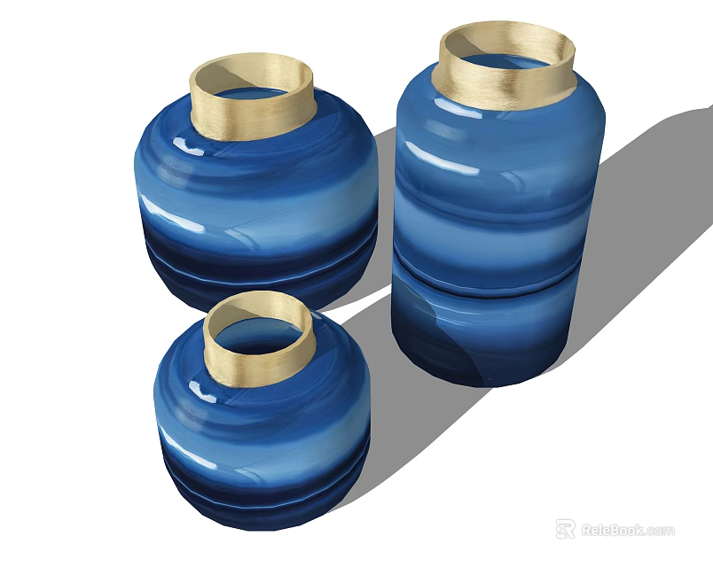 Blue Ceramic Vases with Gold Rim Modern Decorative Set of Three 3d model 