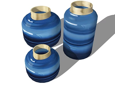 Blue Ceramic Vases with Gold Rim Modern Decorative Set of Three 3d model